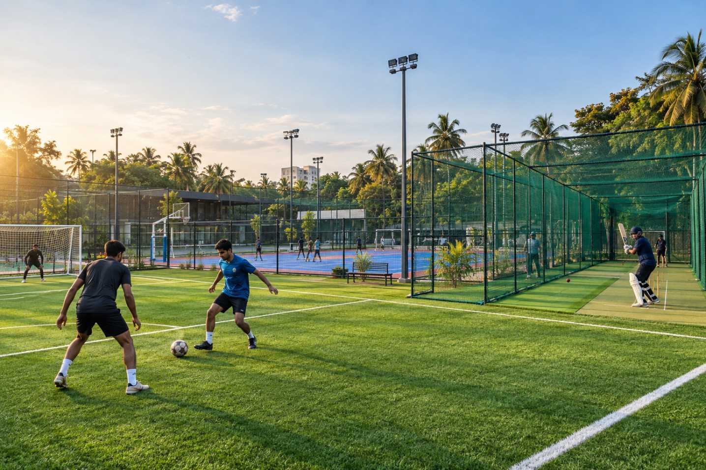 Football training session on artificial turf at a multi-sport training hub in South India