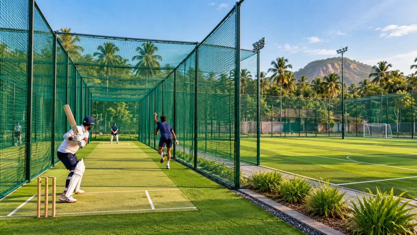 Scalable cricket practice nets and multi-use artificial turf facility in South India