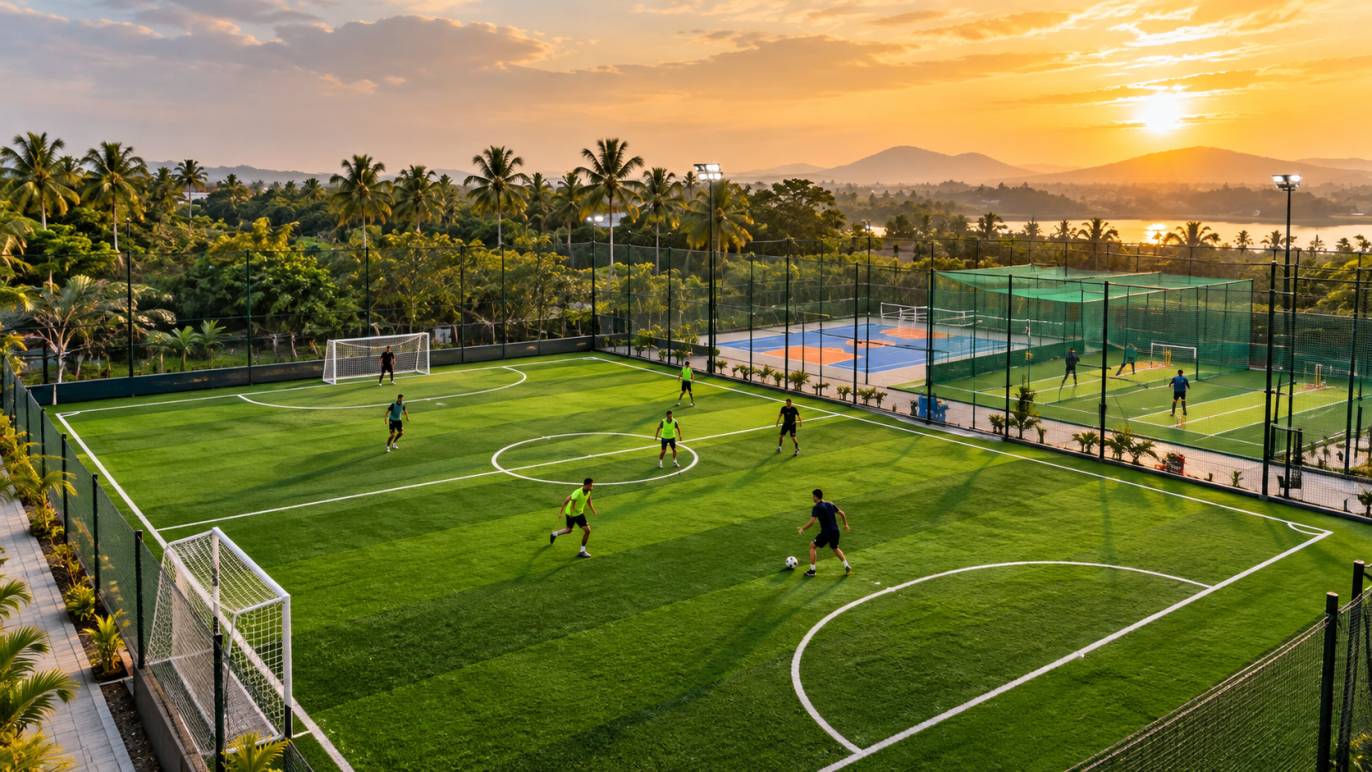 Multi-use football turf facility with artificial grass and sports courts in South India